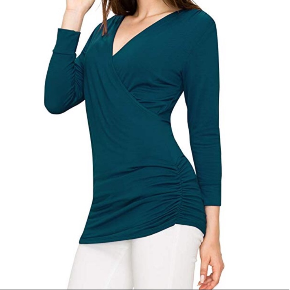 Front wrap v-neck top 3/4 sleeve